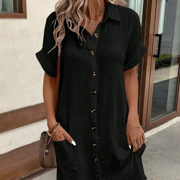 Black Casual Women's Summer Solid Color Bat Wing Sleeve Shirtbaggy Pants Dress - Picture 1 of 5